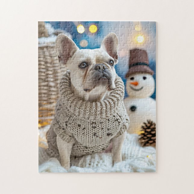 Puzzle Frenchie con muñeco de nieve de Navidad (Vertical)