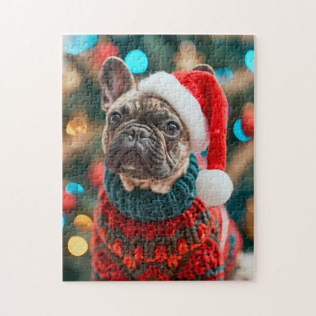 Puzzle Frenchie con sombrero de Santa árbol de Navidad (Vertical)