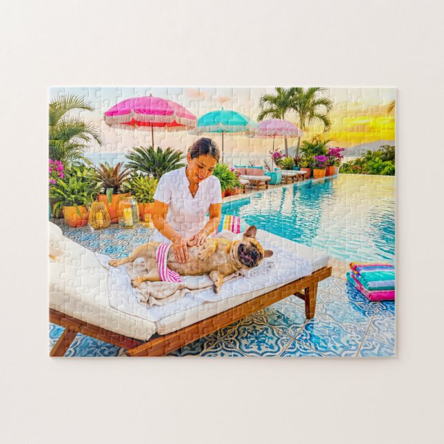 Puzzle Frenchie en el masaje junto a la piscina (Horizontal)