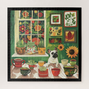 Puzzle Frenchie en la sala de té del jardín bohemio