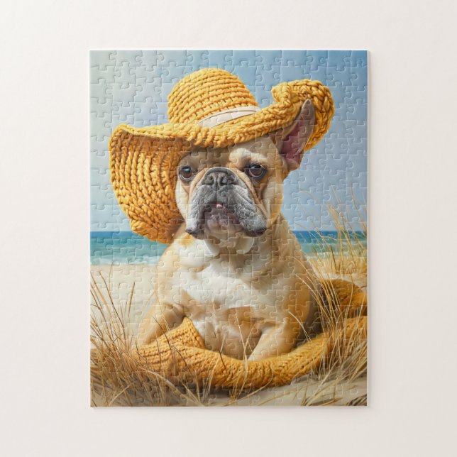 Puzzle Frenchie en sombrero de playa de verano (Vertical)