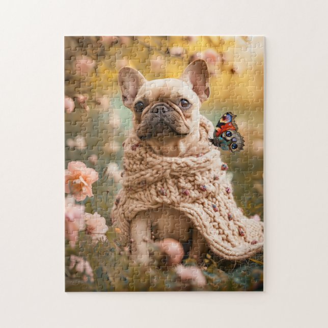 Puzzle Frenchie With Butterfly In Spring (Vertical)