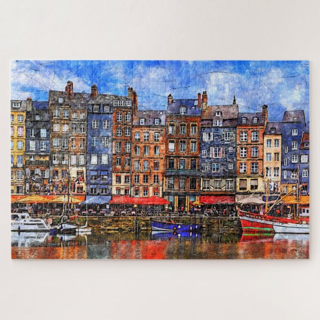 Puzzle Frente al puerto de Honfleur en Normandía, Francia (Horizontal)