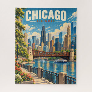 Puzzle Frente al río del horizonte de Chicago antiguo