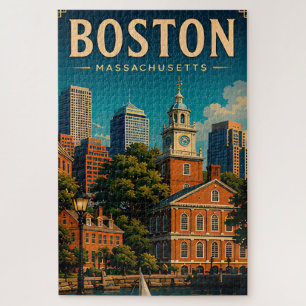 Puzzle Frente marítimo histórico y silueta de Boston Retr