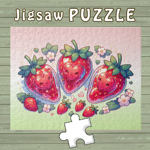 Puzzle Fresas Cute Kawaii con corazones sonrientes -