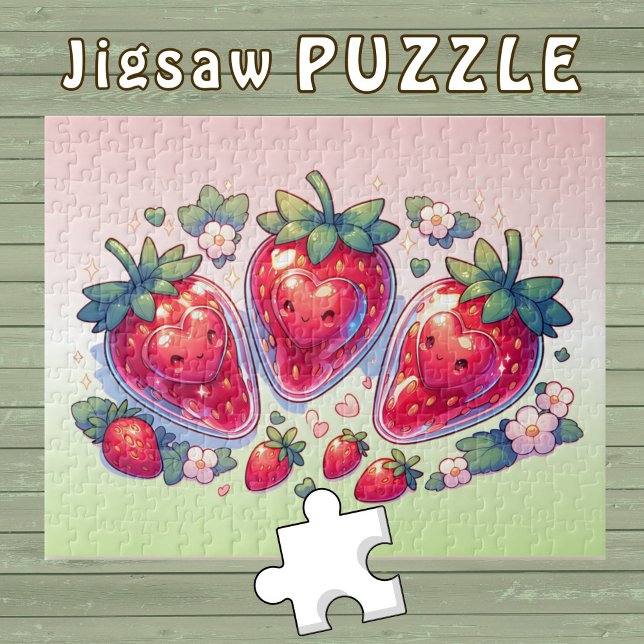 Puzzle Fresas Cute Kawaii con corazones sonrientes - (Subido por el creador)