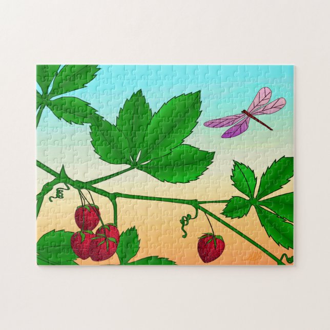Puzzle Fresas en una rama y libélula (Horizontal)