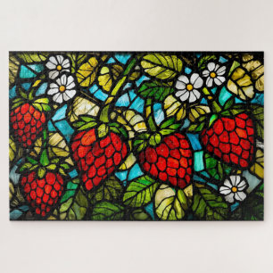 Puzzle Fresas, hojas y flores de vidrio tintado