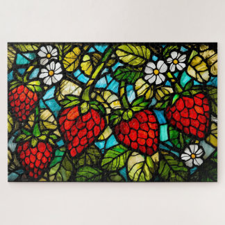 Puzzle Fresas, hojas y flores de vidrio tintado