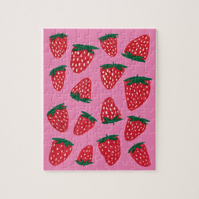 Puzzle Fresas orgánicas de verano rojas sobre fondo rosa (Vertical)