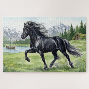 Puzzle Freydis Black Caballo islandés en paisaje nórdico
