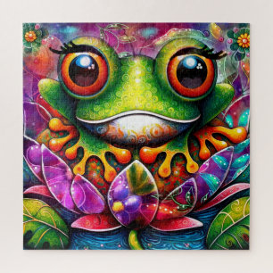 Puzzle Frog Whimsical Abstract Pintura Art Floral Verde
