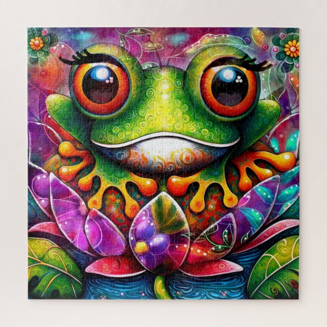 Puzzle Frog Whimsical Abstract Pintura Art Floral Verde (Vertical)