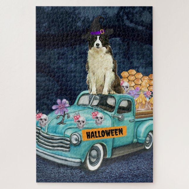Puzzle Frontera Collie Halloween Camión Noche de miedo (Vertical)