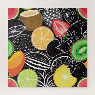 Puzzle Frutas tropicales coloridas, fondo negro.