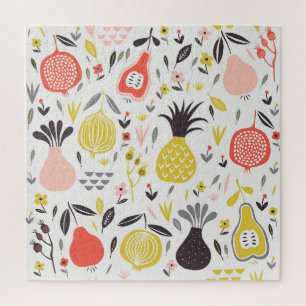 Puzzle Frutas vintage, flores: patrón sin costuras.