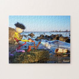 Puzzle Fubby met flessenpost aan de kust.