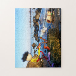 Puzzle Fubby met flessenpost aan de kust.
