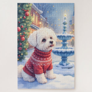 Puzzle Fuente Festiva de Bichon Frise al Acuarela Navidad