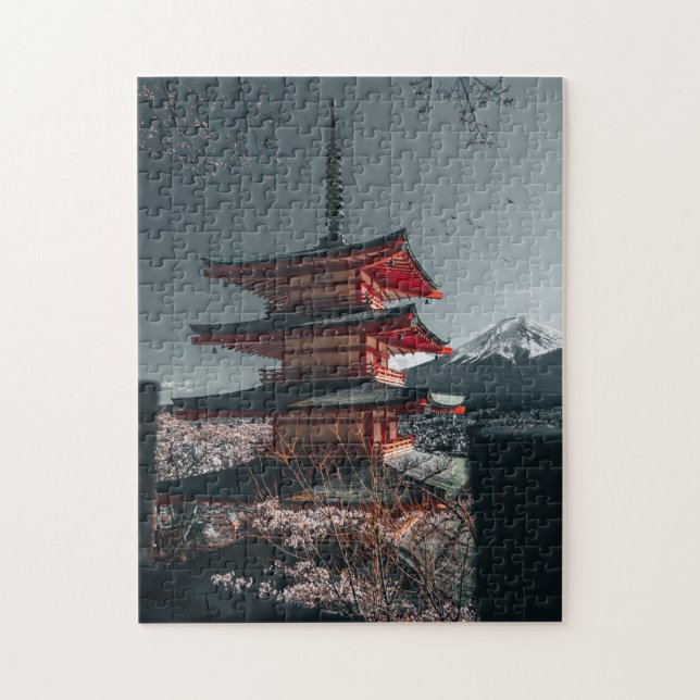 Puzzle Fuji Japón Pagoda Florecimiento de cerezos (Vertical)
