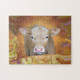 Puzzle Fun and cute little calf with big eyes