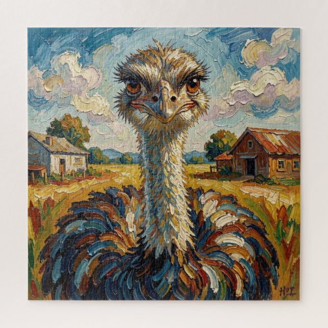 Puzzle Funny Impasto Ostrich on a Ranch  (Vertical)