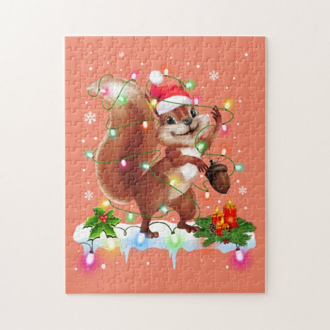 Puzzle Funny Squirrel Decoraciones navideñas Santa Hat Xm (Vertical)