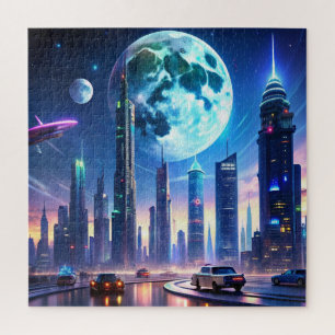 Puzzle Futuro paisaje neón con coches voladores y cielo