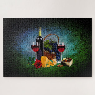 Puzzle Gafas de vino, botella, uvas, queso, chocolates