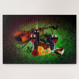 Puzzle Gafas de vino, botella, uvas, queso, violín