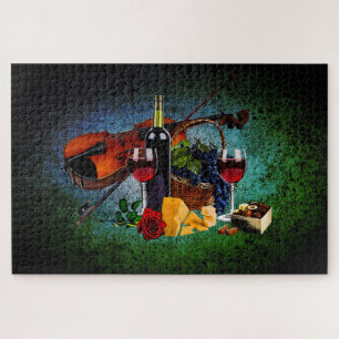 Puzzle Gafas de vino, botella, uvas, queso, violín