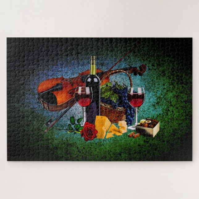 Puzzle Gafas de vino, botella, uvas, queso, violín (Horizontal)