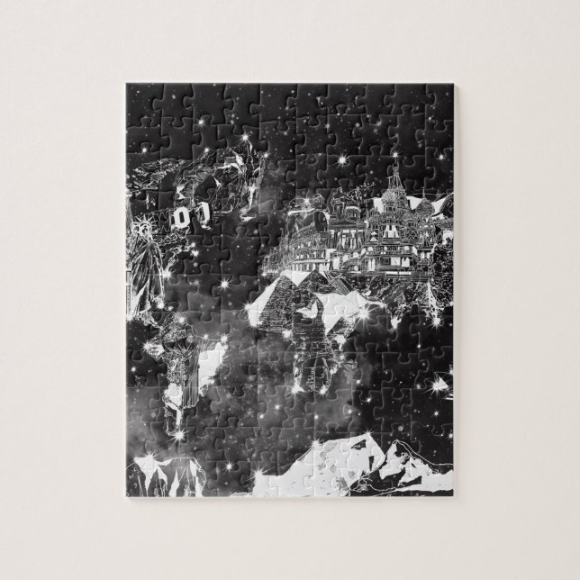 Puzzle galaxia del mapa del mundo blanco y negro (Vertical)