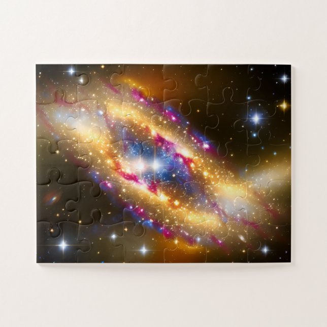 Puzzle Galaxia divertida brillante dorada púrpura y estel (Horizontal)