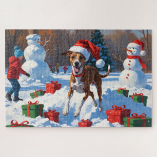 Puzzle Galgo corriendo en la nieve con sombrero de Navida