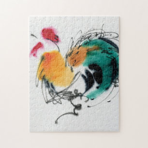 Puzzle Gallo colorido. Caligrafía y watercolor.