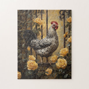 Puzzle Gallo moteado con rosas amarillas pintura al óleo