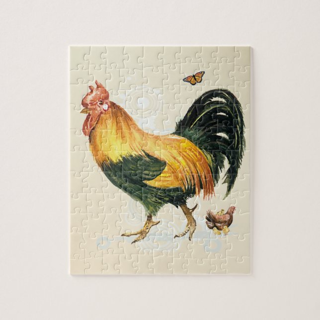Puzzle Gallo orgulloso con la gallina y los pollos (Vertical)