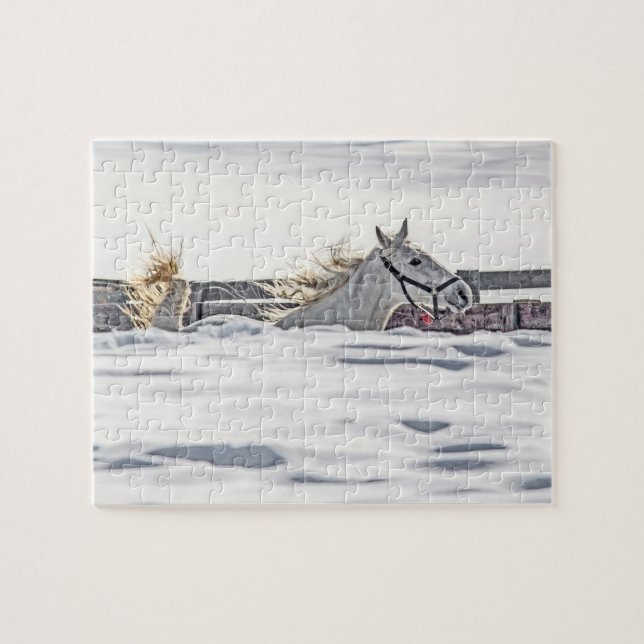 Puzzle Gallopaje De Caballo Blanco En Nieve (Horizontal)