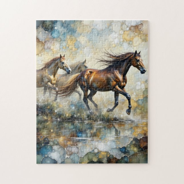 Puzzle Galloping Wild Horses Alcohol Ink Art (Vertical)