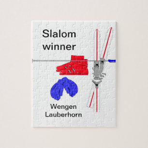 Puzzle Ganador, botas de esquiar, guantes y palillos del