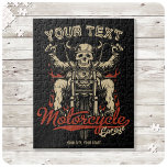 Puzzle Garaje para la tienda de motocicletas de Skeleton<br><div class="desc">Diseño del garaje de la tienda de motocicletas Skeleton,  con esqueleto de badass,  que conduce a un personalizado bobber. Personalizar con su nombre o texto personalizado.</div>