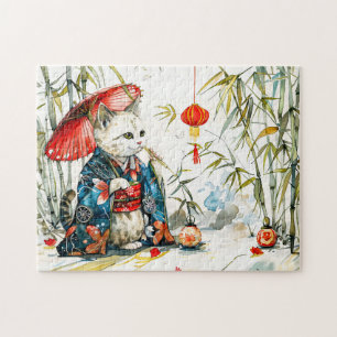 Puzzle Gata Geisha Blanca con Paraguas Rojo en Bosque de