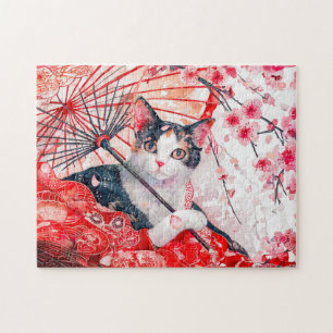 Puzzle Gata Geisha con Paraguas en Pintura de Tinta China