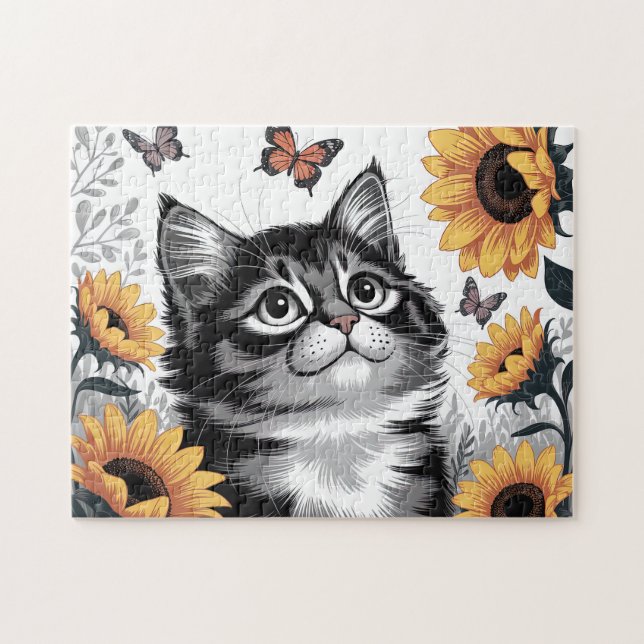 Puzzle Gatito Adorable Con Girasoles (Horizontal)