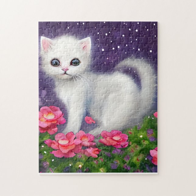 Puzzle Gatito blanco rodeado de flores (Vertical)