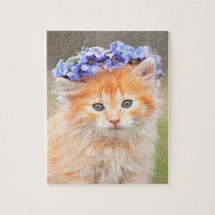 Puzzle Gatito con guirnalda de flores moradas