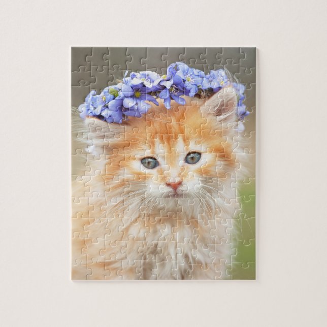 Puzzle Gatito con guirnalda de flores moradas (Vertical)