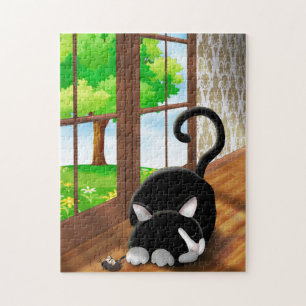Puzzle Gatito de dibujos animados con ratón de juguete
